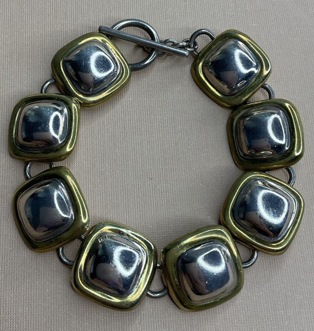 Mexico 925 Sterling Silver Two Tone Square Link Bracelet 36g Toggle 7.5”